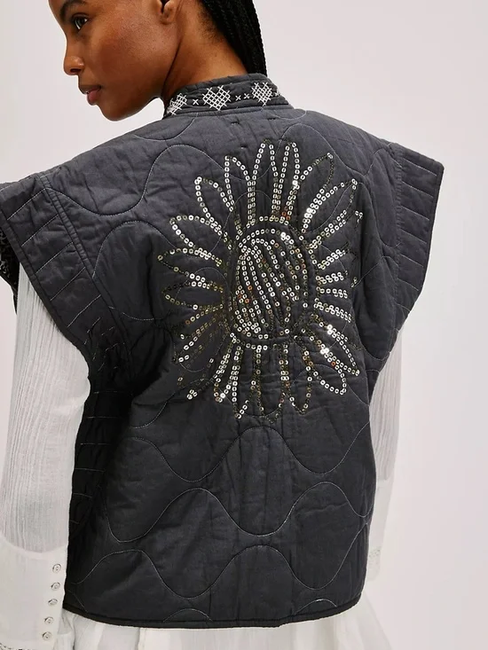 Free People x Sissel Edelbo Quilted Jacket Sequin Sun Boho Kimono Sold Out NWOT - Picture 2 of 6